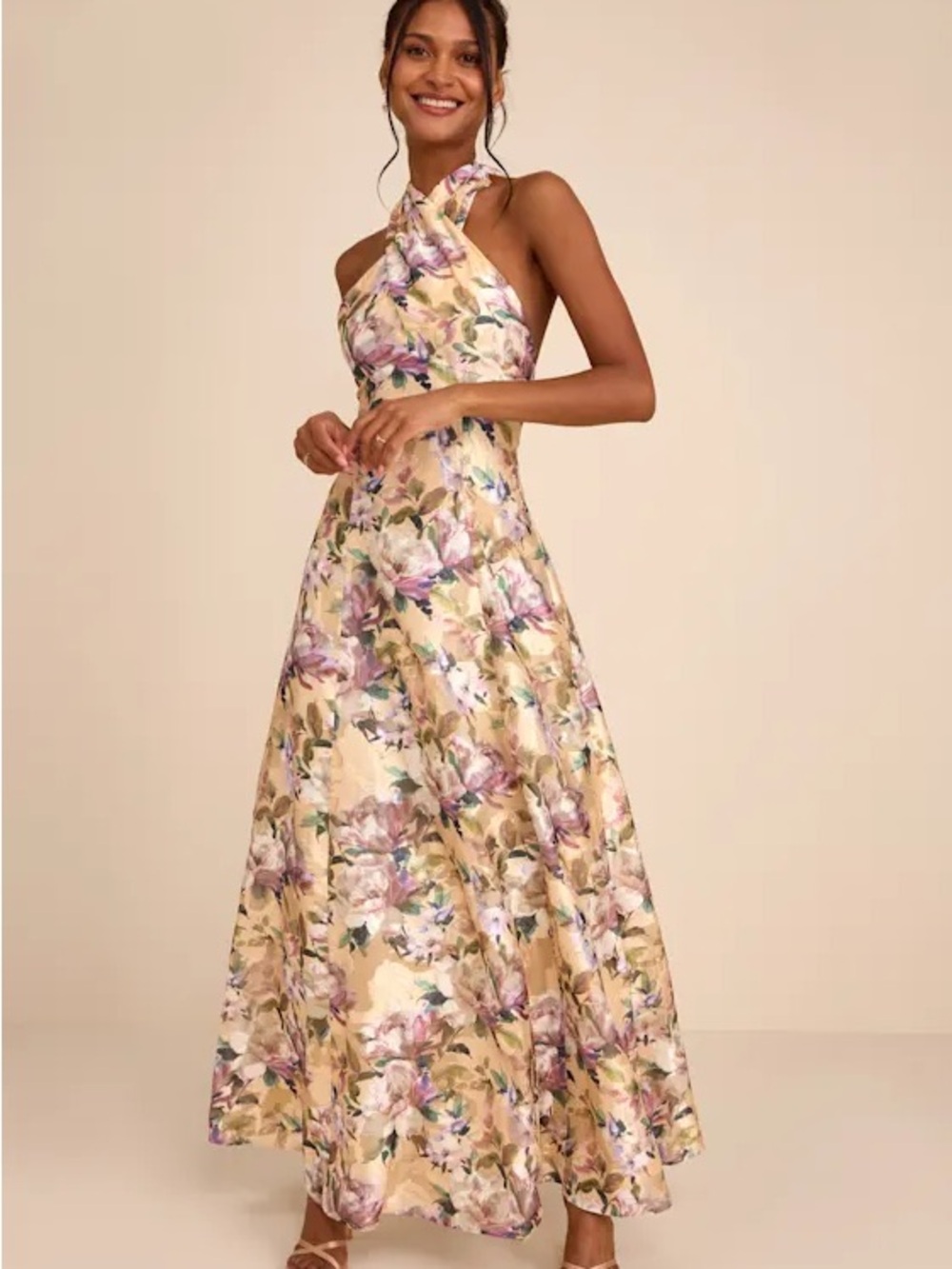 Lulu's One-Shoulder Floral Maxi Dress in Pale Yellow and Lavender